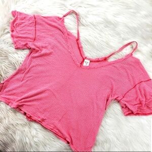 We the free Red Striped Cold Shoulder Raw hem